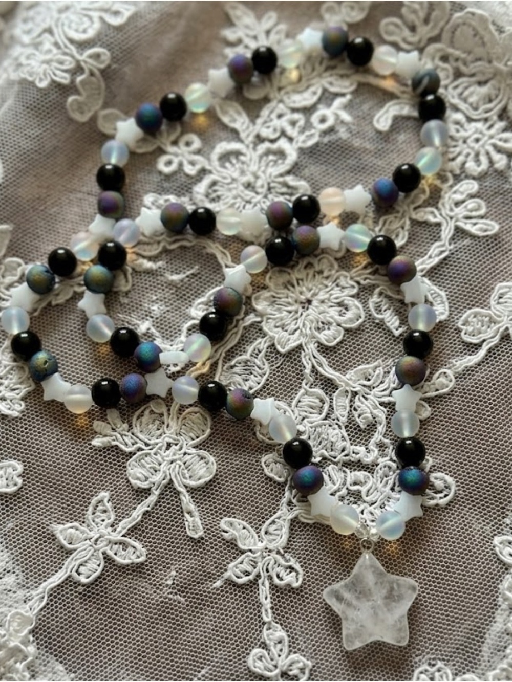 Rainbow DreamMare Necklace (Rainbow Druzy Agate, Black Obsidian, MOP, Quartz) - Picture 3 of 3